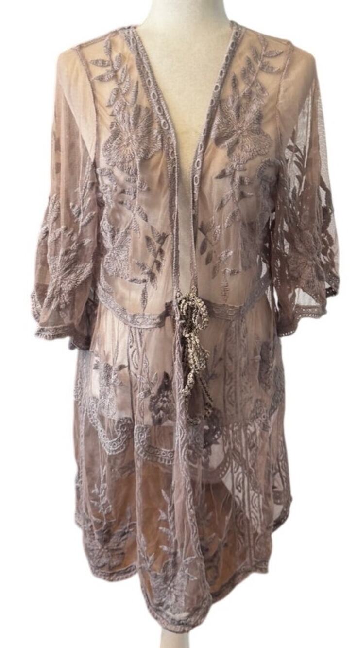 POL Lace Embroidered Crochet Kimono Duster Boho Taupe Floral Mesh Cover Up